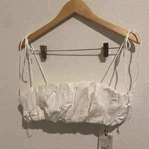 Zara Off-White Ruched Crop Top with Tie Detail